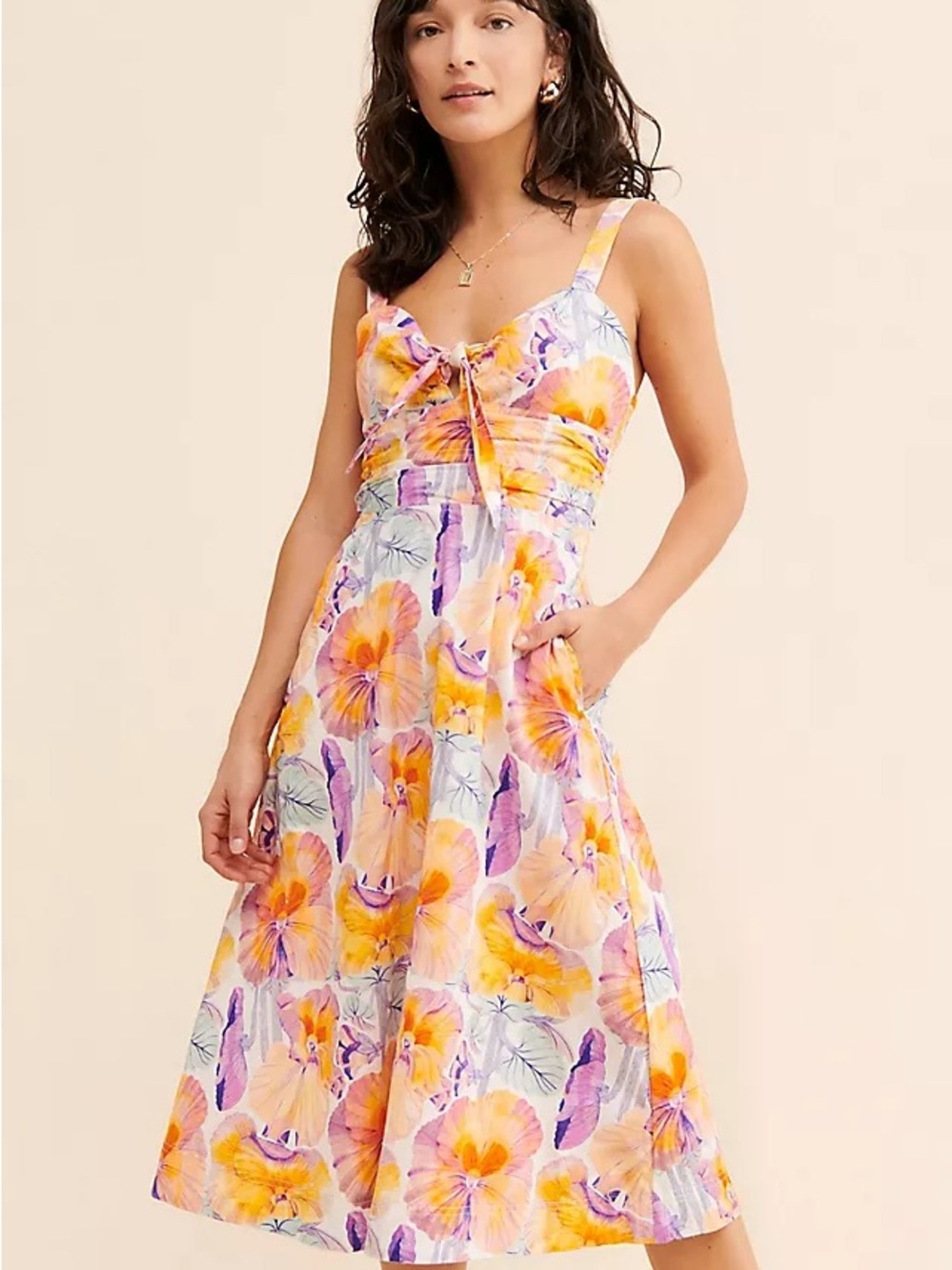 Anthropologie Yellow & Purple Floral Tie-Front Maxi Dress